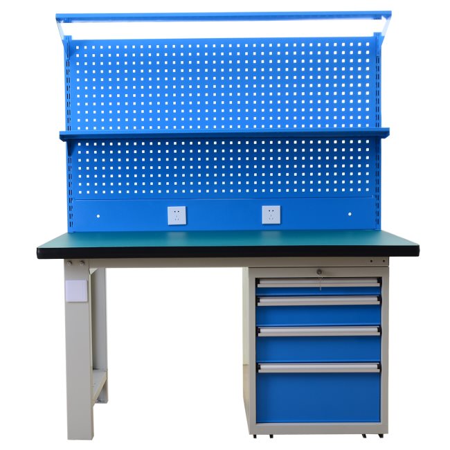 单桌+920立柱+电器板+300方孔挂板+456方孔挂板+灯板+棚板+四抽固定柜